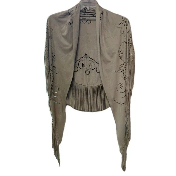 Curations Caravan Tan Faux Suede Laser Cut Fringe Wrap Shawl Studded Boho OS - Picture 16 of 16